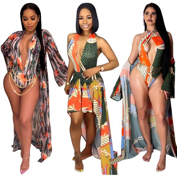 

a8318 women's 2019 casual one-piece printed cloak + bikini split bikini swimsuit swimsuit swimsuit, White;black