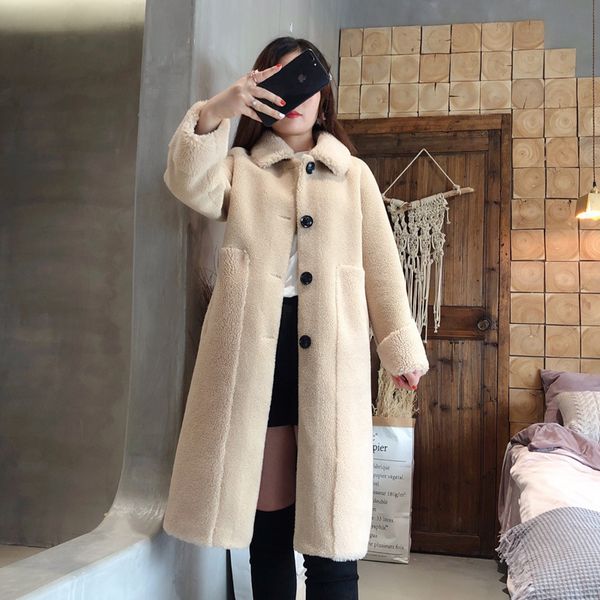 

fur sheep sheared composite fur coat female in the new long long wool coat, Black