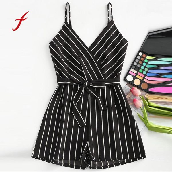 

feitong rompers jumpsuit womens v-neck sleeveless strappy holiday short playsuits striped cami belt romper jumpsuit, Black;white