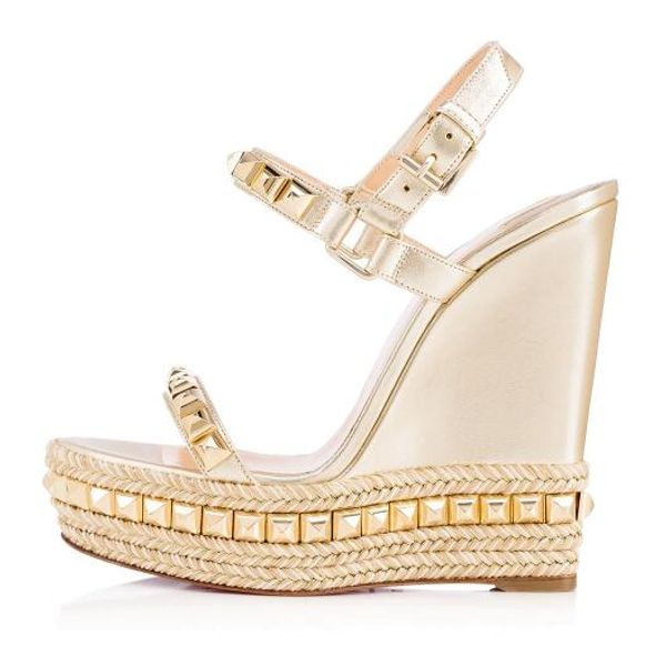 

famous ladies red bottom wedge cataclou sandals gold patent leather studded ladies ankle strap women's pumps party dress eu35-42 lll