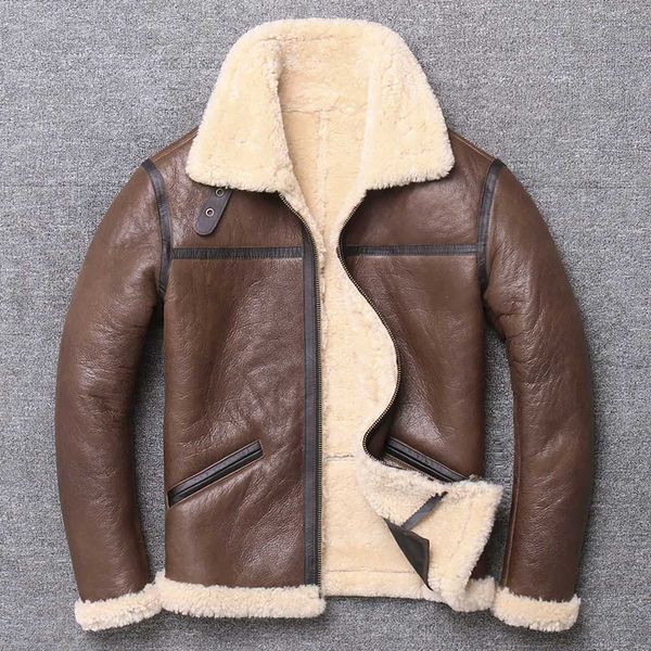 

2019 new men's b3 shearling jacket short leather jacket bomber lapel mens winter coats sheepskin coat, Black