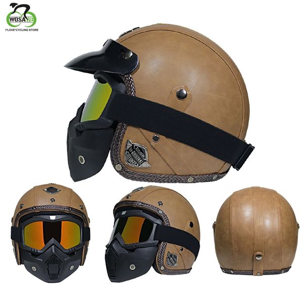 

wosawe pu leather cycling helmet bike bicycle helmet mtb summer removable inner liner motorcycle men with visor goggles