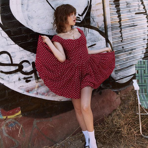 

red polka dot ruffles dresses summer women 2019 backless party beach sundress casual dress, Black;gray