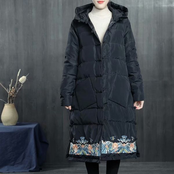 

down jacket women 2018 autumn and winter new national style under the wind embroidery retro tray button hooded long down coat, Black