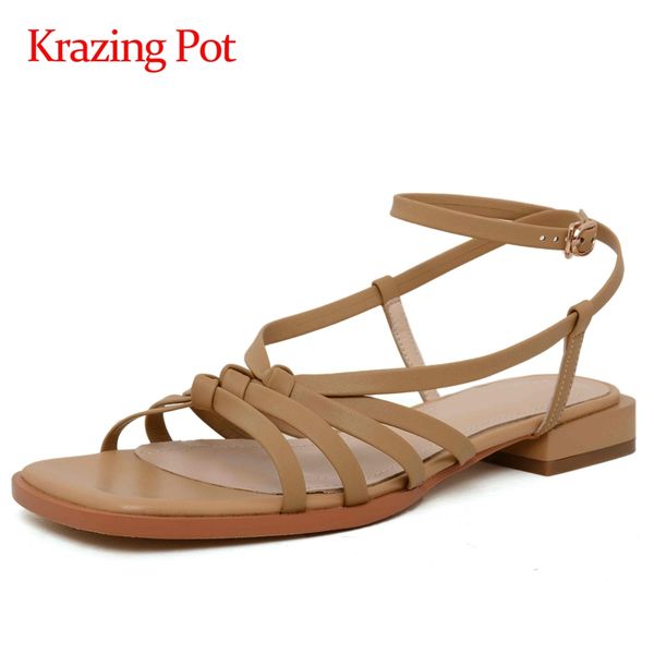 

krazing pot new arrival energy handmade square toe low square heels summer sandals buckle straps beauty lady l25, Black