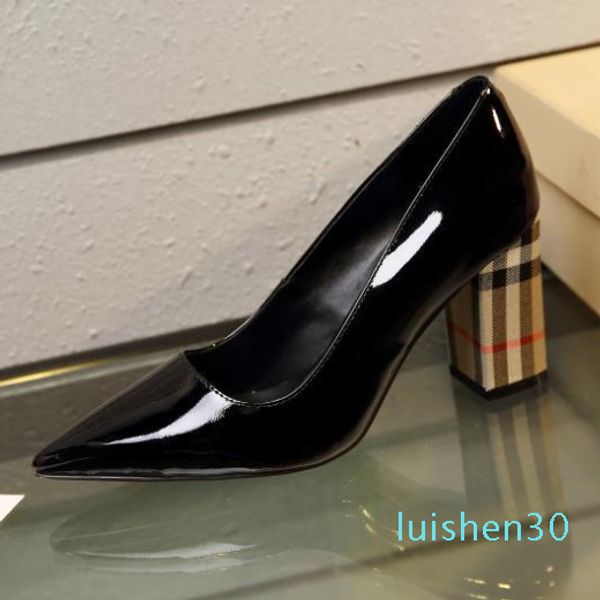 

new 2019 women designer brand high heels,black patent leather with plaid 9.5cm thick heels pumps dress plus size 35-40 ing
