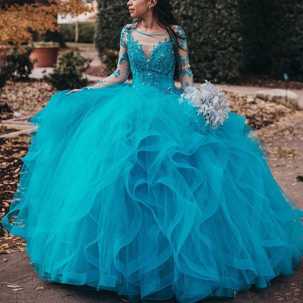 Mavi Dantel Boncuklu Quinceanera Elbiseler Sheer Boyun Uzun Kollu Tatlı 16 Parti Elbise Özel Boyutu Ruffles Tül Mezuniyet Akşam Giyim