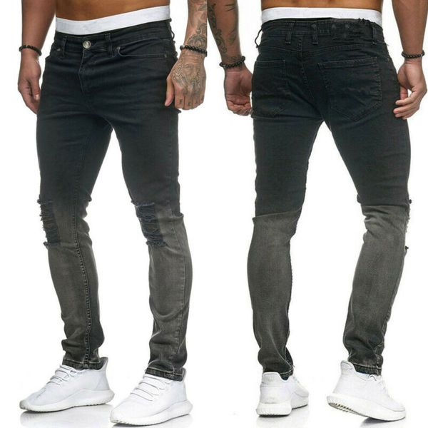 

men train pants distressed slim fit sport denim trouser spring autumn hole long pencil pants, Black;blue