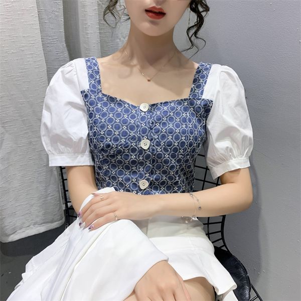 

women dressises 2020 summer new fashion french puff sleeve shirt square collar slim stitching short sleeve design shirt womens fashion, White