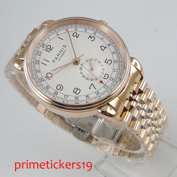 

42mmparnis white dial rose golden case luxury men watches date 24 hours indcator wristwatch 1276, Slivery;brown
