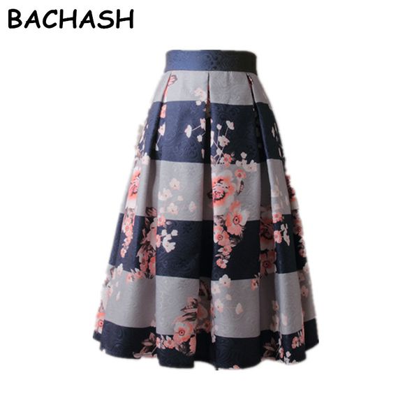 

bachash winter autumn women vintage flower print ball gown pleated high waist tutu midi blue skater knee length skirts spring, Black;gray