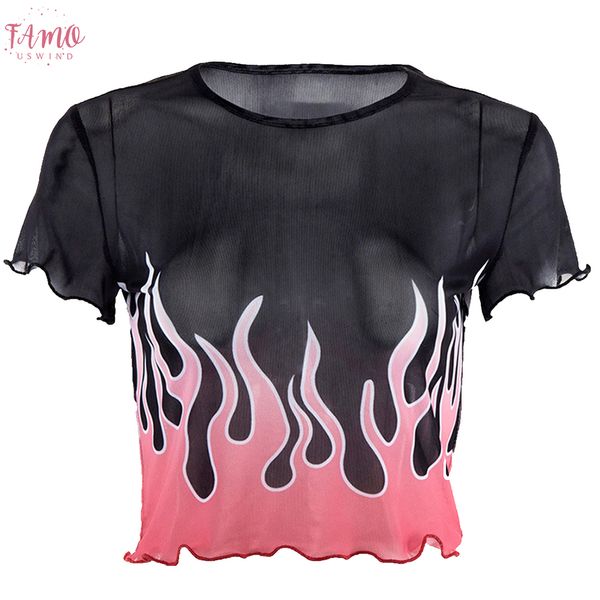 

flame printed casual attractive mesh slim fit thin o neck summer women crop cool ruched hem short sleeve perspective, White