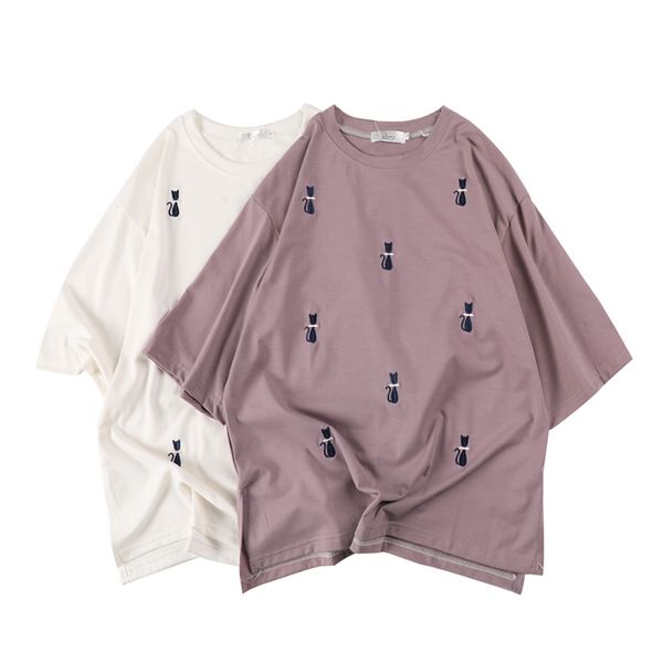 

2019 women men summer new pattern cat embroidery cartoon short sleeve t shirt love soft tee m36, White