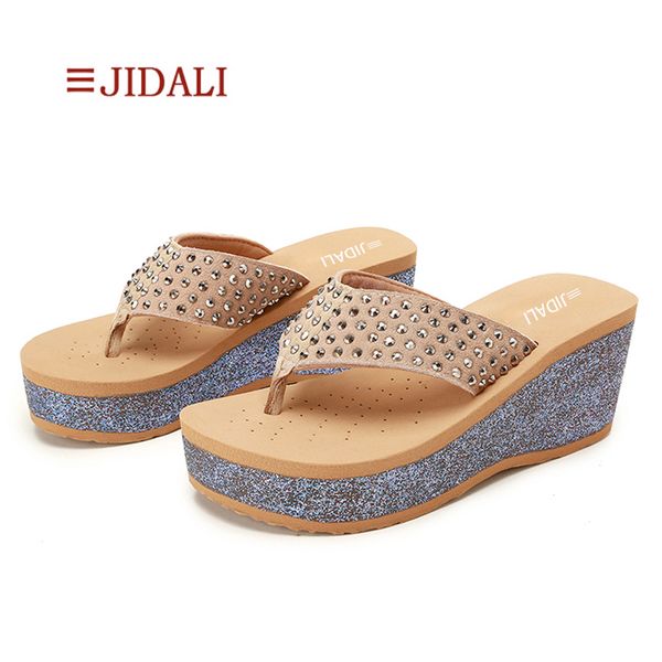 

jidali fashion women bling flip flop rivets star high platform wedges eva beach outside slipper summer new size 35-39, Black