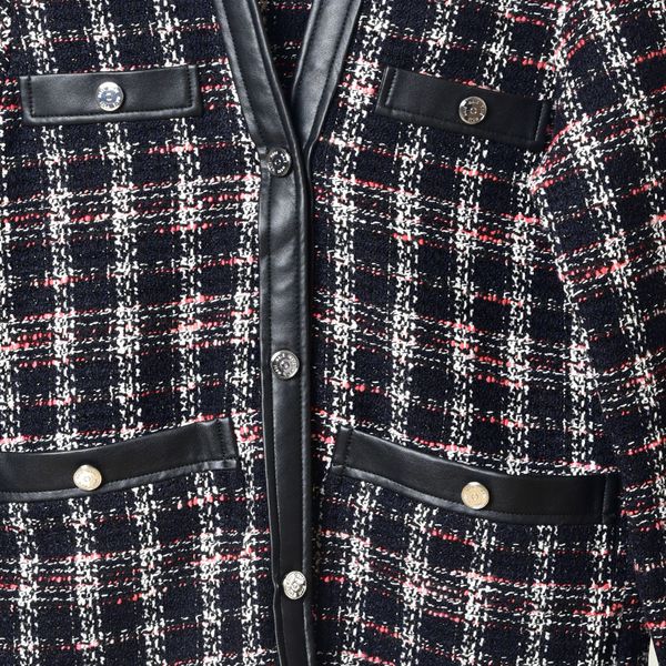 

2019 fall autumn long sleeve v neck black plaid print tweed pockets buttons jacket coat women fashion jackets outwear coats o16153248s, Black;brown