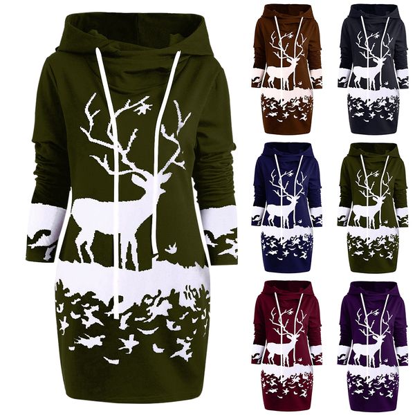 

christmas reindeer hoodies dress women printed elk drawstring mini dress female 2019 casual slim hooded sweatshirt robe femme, Black