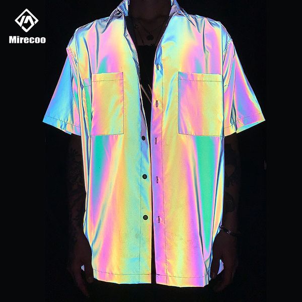 

2020 laser rainbow reflective mens shirt pocket beach shirts men harajuku punk rock hip hop mens shirt streetwear clothes, White;black