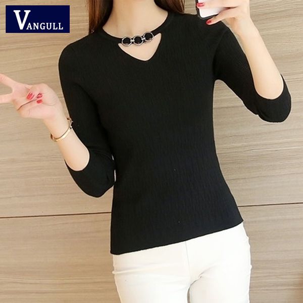 

vangull knitted women sweater autumn new style elasticity slim pullovers 2019 casual female v-neck long sleeve short sweater, White;black