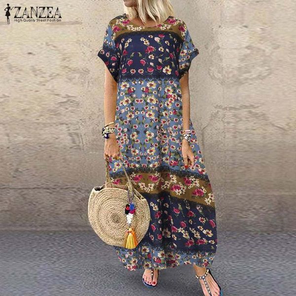 

2020 zanzea bohemian summer maxi dress women's printed sundress casual short sleeve vestido female linen floral robe oversized, White;black