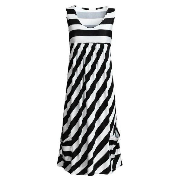 

women's fashion striped print pocket splicing dress, White