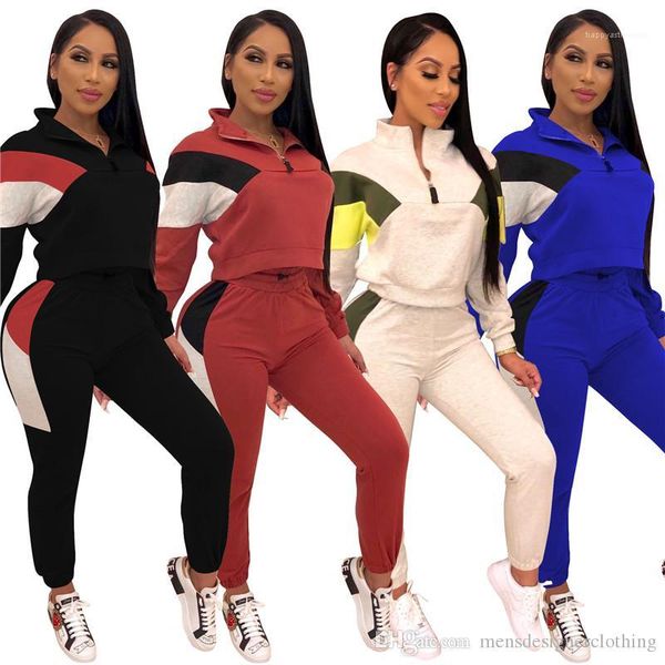 

autumn casual panelled slim long sleeved stand collar sports suits womens fashion tracksuits womens designer tracksuits 2 piece pants, Gray