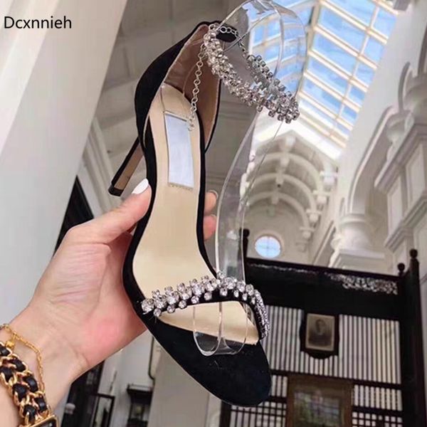 

new 2020 crystal one belt open toe sandals women heels ladies shoes buckle starp outwear summer black shoes woman