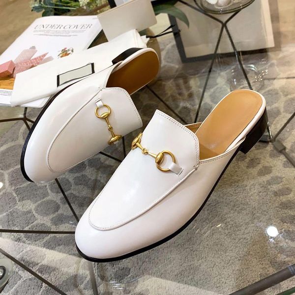 

european fashion slippers lazy baotou cowhide metal buckle flat semi-trailer fashion casual shoes with original box, Black