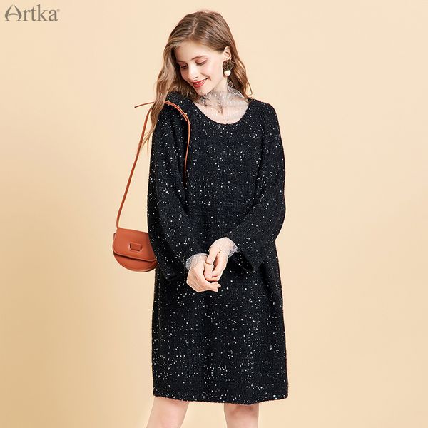 

artka 2019 autumn winter new women sweater fashion sequin knitted long sweaters o-neck loose pullover sweater women lb10099q, White;black