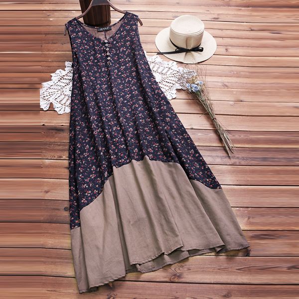 

summer dresses womens designer dress floral 2019 printed dress summer women sleeveless beach party dresses casual patchwork long vestido, Black;gray