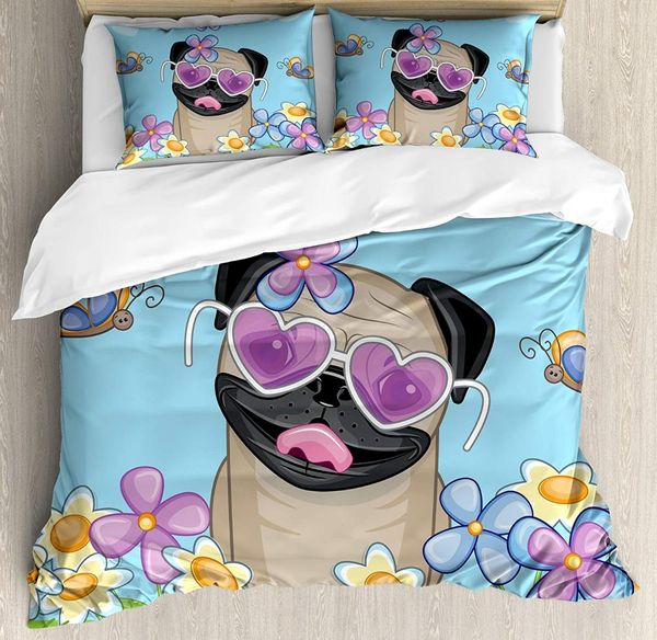 

pug duvet cover set  size adorable puppy field flowers butterflies heart shaped clouds open sky decorative bedding set