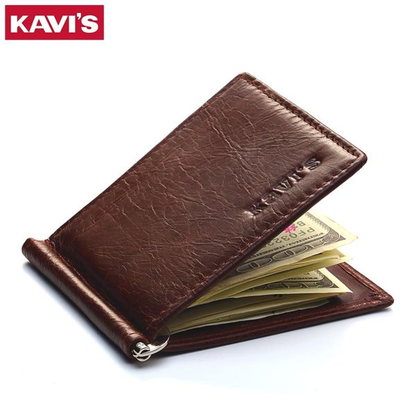 

men women genuine leather bifold male purse billfold wallet money clip female clamp for money case, Brown;gray