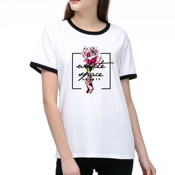 

women's t-shirts 2020 new womens fashion rose & letter print crew neck t-shirt casual women breathable short sleeves tee 2 color size s, White