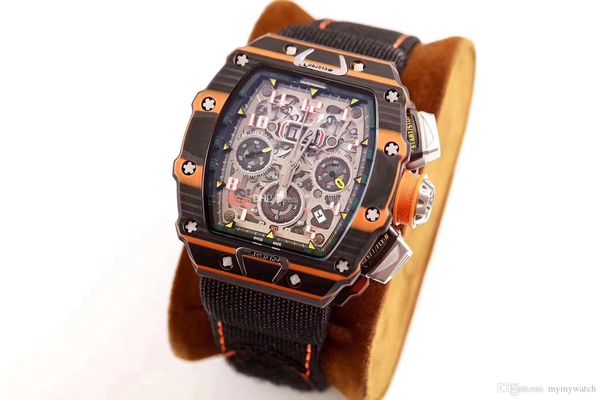 

Роскошные часы 2019 RM011-03 Мужские часы McLaren Swiss 7750 Механизм с автоматическим хронографом Черный Оранжевый Кованый карбоновый каркас