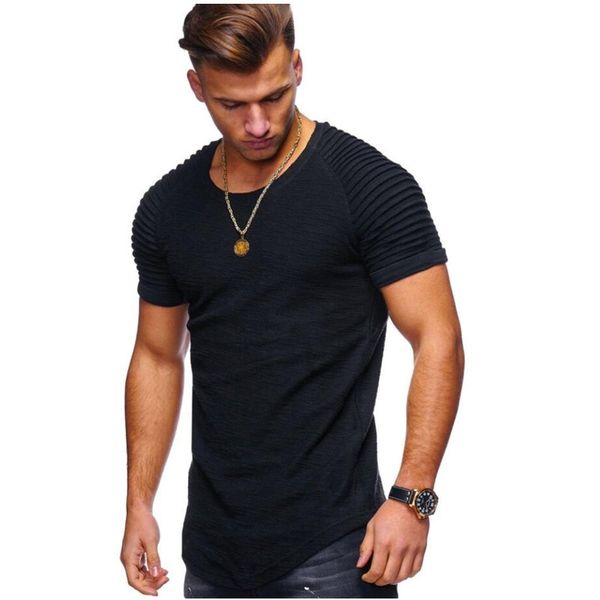 

2020 new summer mens casual solid color plicated round neck euro slim american short t-shirt streetwear sports tee short sleeve, White;black