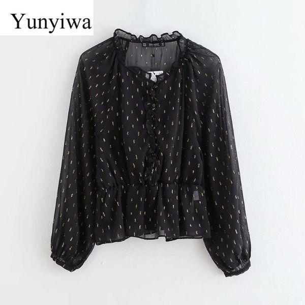 

new women sweet agaric lace gold embroidery casual chiffon blouse ladies chic perspective shirts elastic femininas, White