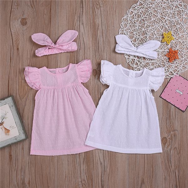 

fashion baby girls dresses 2 colors flying sleeve solid color dress+butterfly knot headband 2 pieces set kids designer clothes girls jy563, White