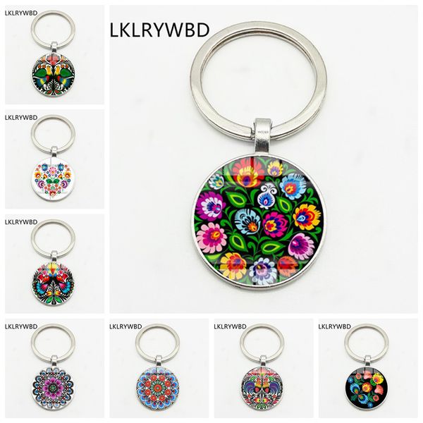 

lklrywbd/retro pattern keychain bohemian plant animal glass round keyring handmade keychain gift, Silver