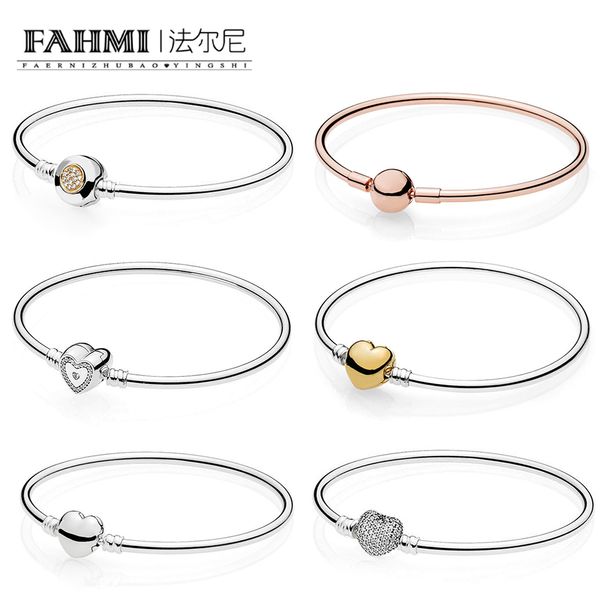 

fahmi 100%925 sterling silver shiny sterling with heart clasp forever bracelet bangle two-color signature bracelet diy bead pendant, Black