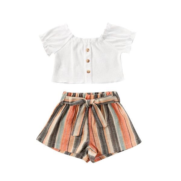 

zwy249 summer baby girl button crop shirt stripe print short pants kid girl outfit clothes children girl sets t200707, White