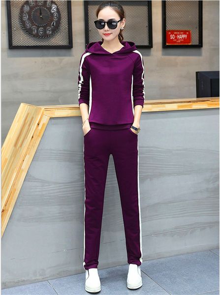 

new hooded sport suit women cotton breathable sport running plus size stripe clothing two piece set trainning & exercise sets, White;black