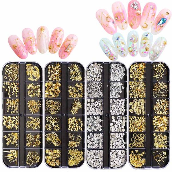 

12 grid/case mixed style gold silver hollow 3d nail art decorations rivets multi-size nail pearl rhinestones diy charm manicure accessories, Silver;gold