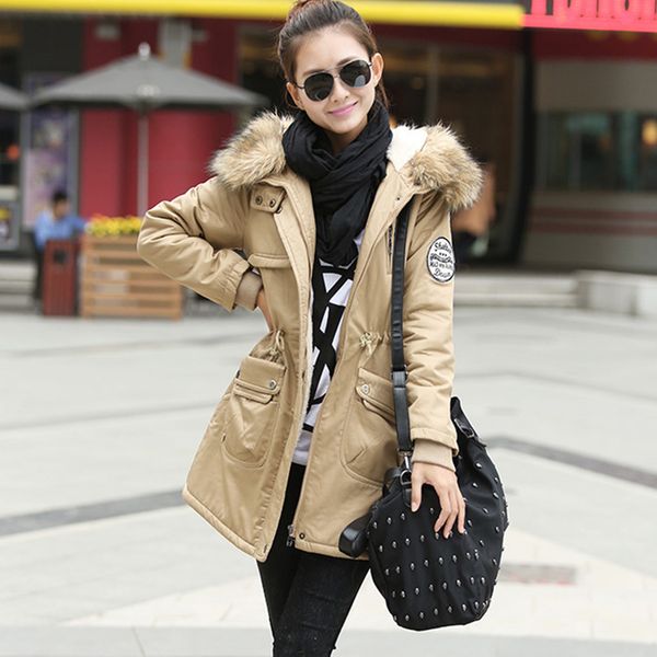 

plus size 2018 winter women casual long sleeve jacket medium-length slim thick woolen collar zipper parkas coat outwear with hat, Black