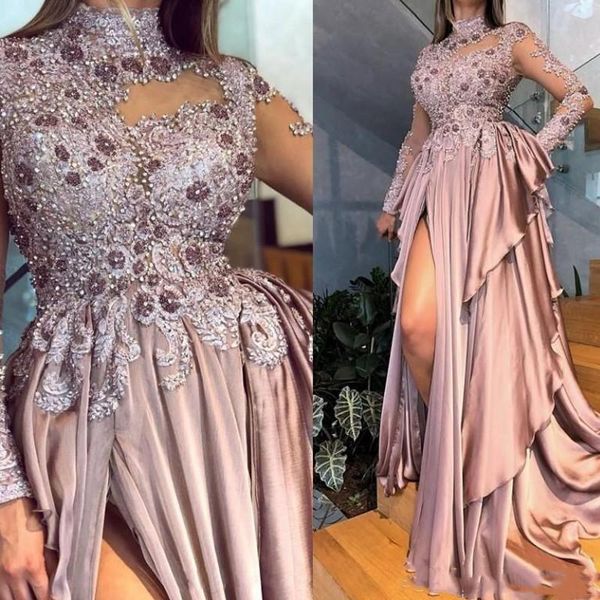 Сексуальный арабский Асо Ebi Dusty Pink Пром платья из бисера аппликациями Длинные рукава высокого шеи сбоку Сплит вечернее платье вечерние платья платье партии