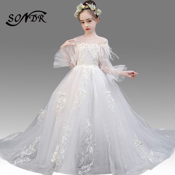 

white flower girl dress for weddings ht138 embroidery lace kids princess dresses tassel long sleeve flower girls ball gowns, Red;yellow