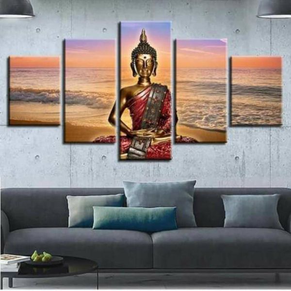 

home decor living room hd printed 5 panel sunset scenery buddha wall artwork painting canvas poster no frame