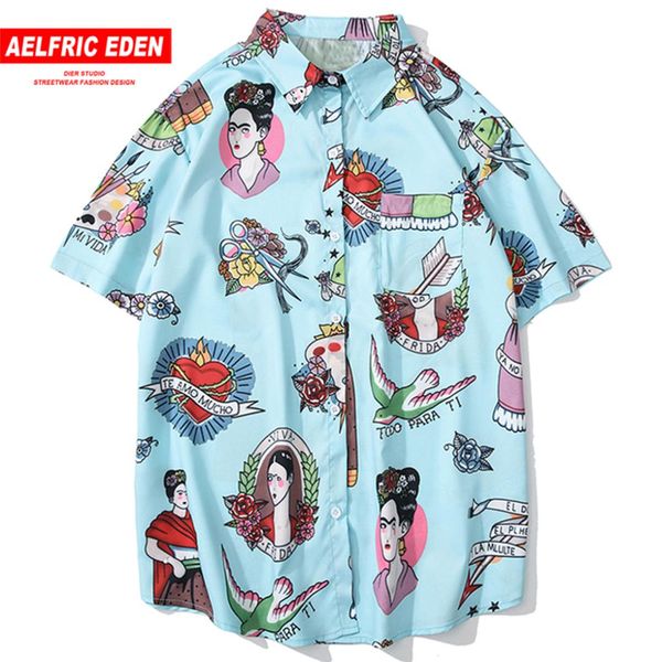 

aelfric eden creative print slim fit casual shirts men women summer harajuku short sleeve hawaiian shirt 2019 hip hop streetwear, White;black