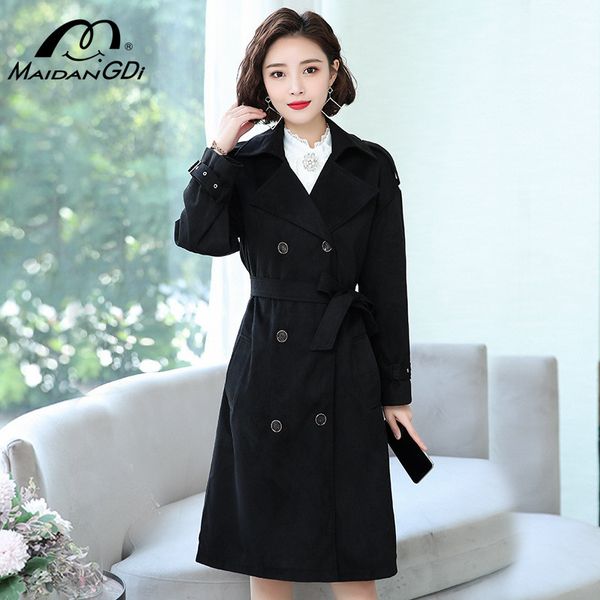 

maidangdi woman trench coats winter windbreaker 2020 new classic temperament belt double-breasted loose coat moda mujer, Tan;black
