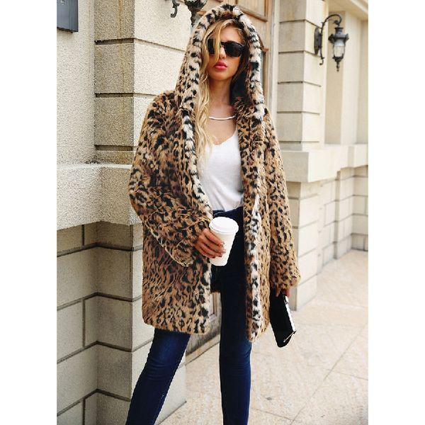 

new autumn winter europe fashion womens hooded faux fur coat lady's leopard outwear faux fur jacket coat c3940, Black