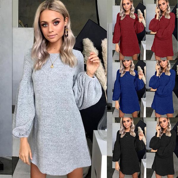 

autumn fashion sweater dress 2019 women casual sweater solid color round collar long sleeved a-line dress, Black;gray