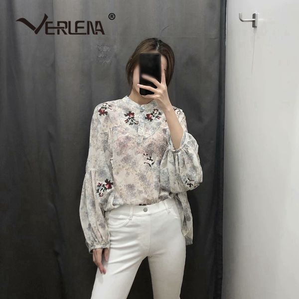 

verlena curved hem blouse women 2019 long latern volume sleeve loose shirt ladies korean embroidery floral print blouses, White